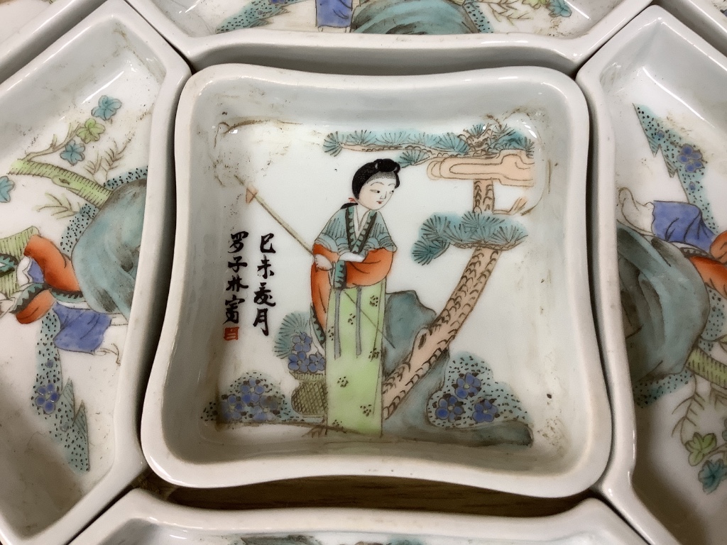 A Chinese famille rose nine piece supper set